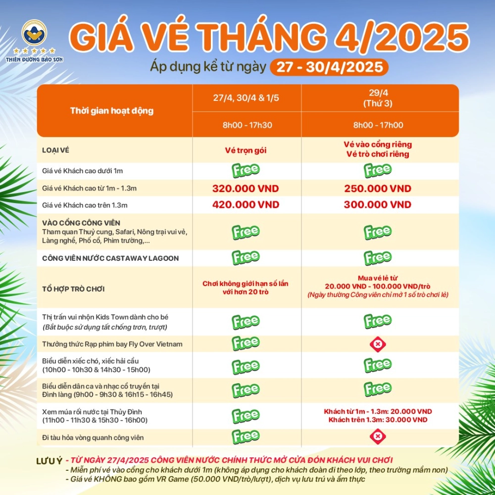 Cập nhật giá vé thiên đường bảo sơn mới nhất