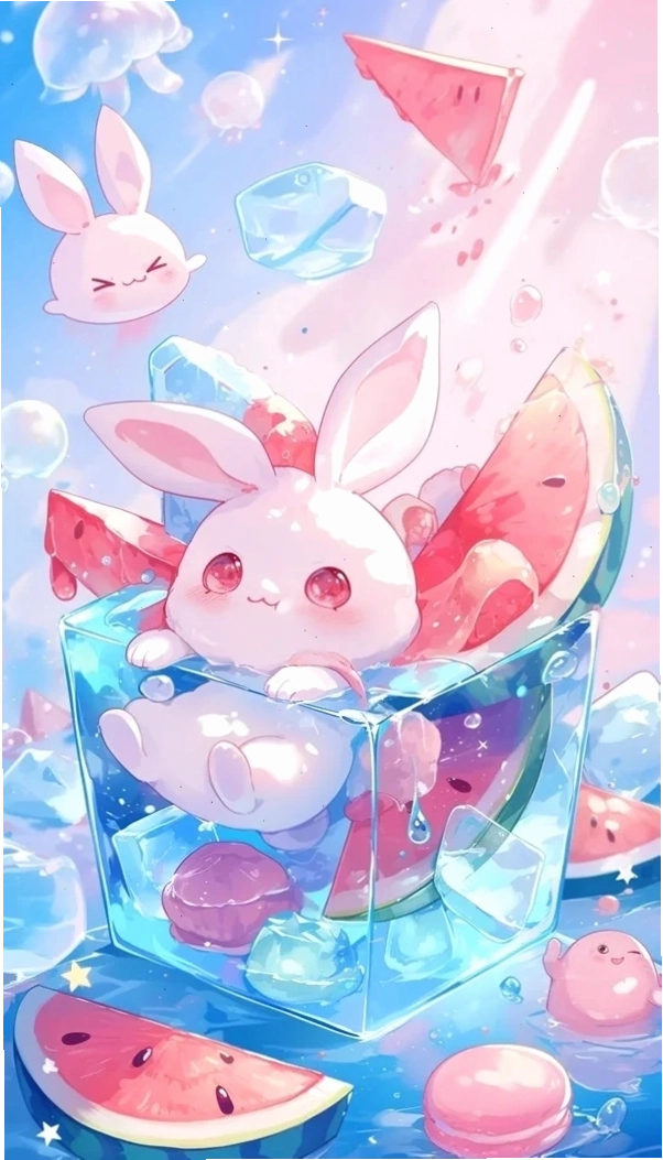 Hình nền thỏ chibi cute với phông nền màu pastel