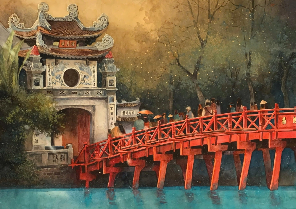 Vẽ đền Ngọc Sơn là chủ đề yêu thích của nhiều nghệ sĩ
